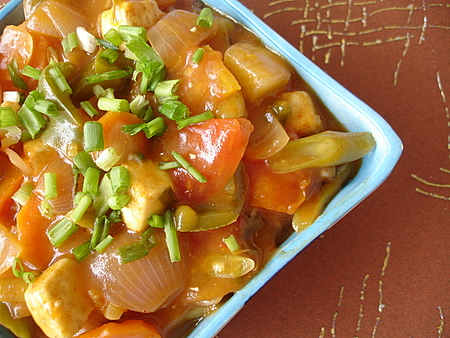 Vegetables and paneer in sweet and sour sauce