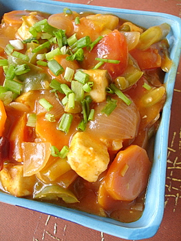 Vegetables and paneer in sweet and sour sauce